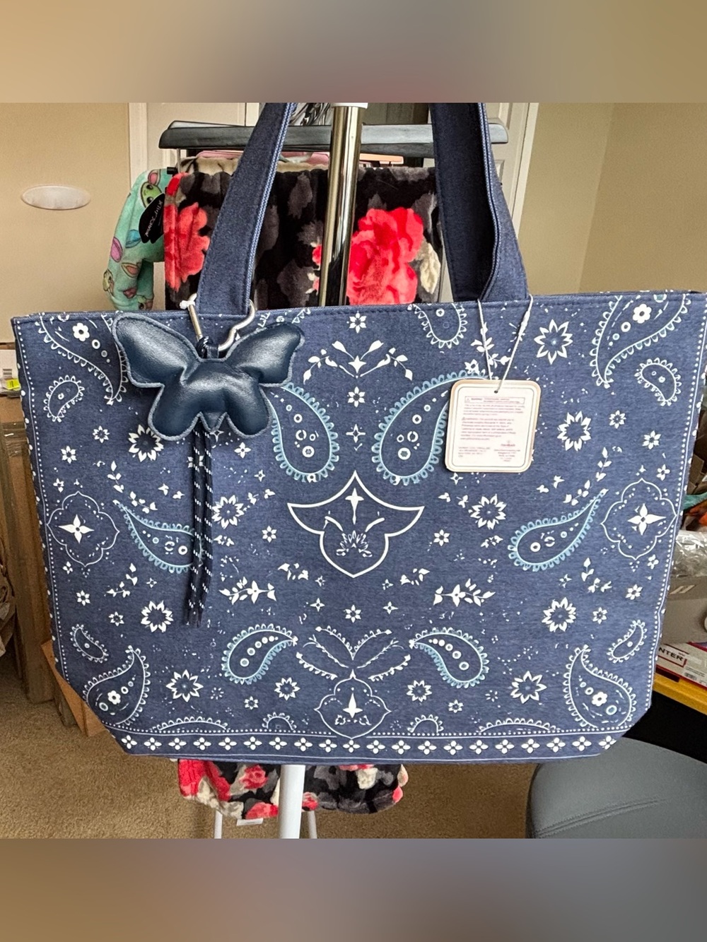 Blue Paisley Tote Bag with Butterfly Charm